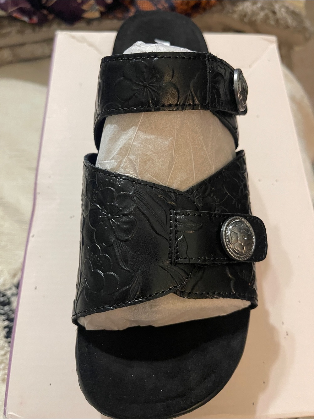 Alegria Black Floral Embossed Leather Slide Sandal - 38 NIB